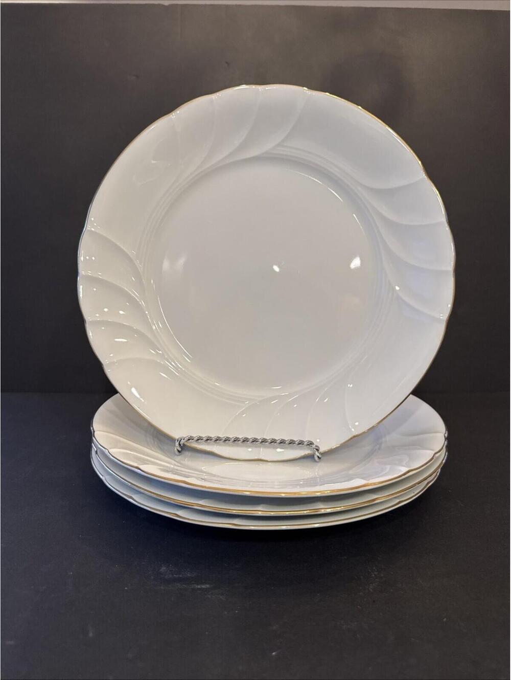 Mikasa (4) Wedding Band Gold Dinner Plates L9709 10 5/8" White - MINT Japan
